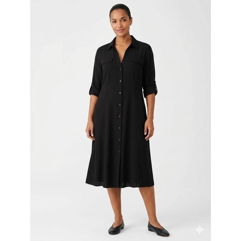 Loro Piana Shirt Dress Stretch Silk Black Button Down V Neck Long Sleeve 48 12